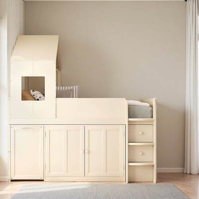 Lit mezzanine simple en bois avec bureau, tiroirs, armoires