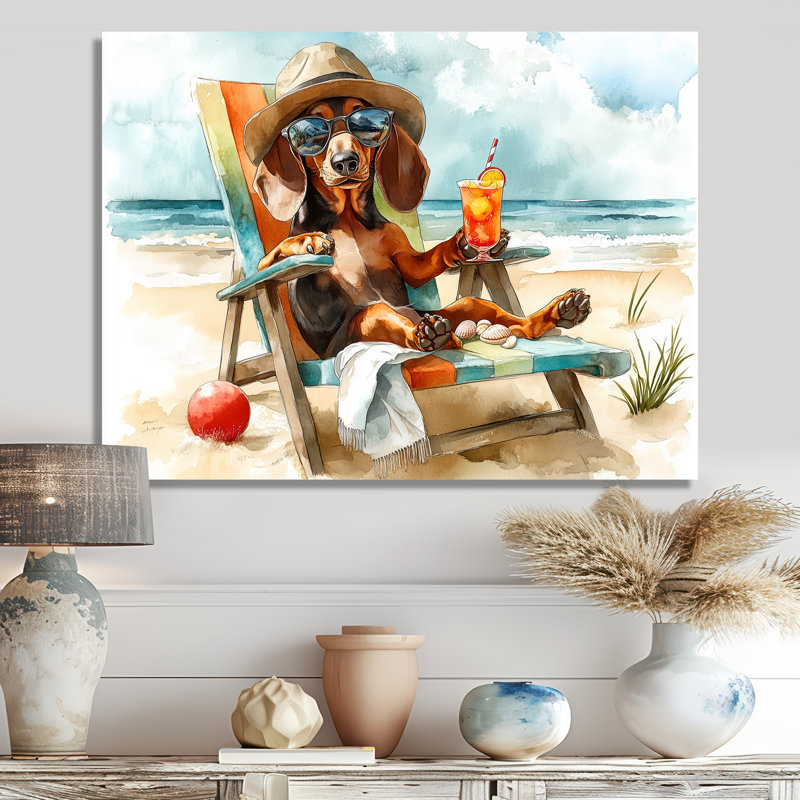 Décoration de chien brun teckel sur la plage II - Animal côtier, Métal métal, H 12 po x l 20 po