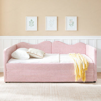 Twin‑Size Daybed,Gingham Upholstered Daybed Equipped with Pull-Out Trundle Bed Frame  Side Storage Pocket, Solid Wood Frame Multi-Functional Sofa Bed
