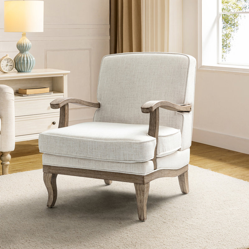 Amilio 71.1cm W Farmhouse Polyester Armchair with Solid Wood Legs, Ivory