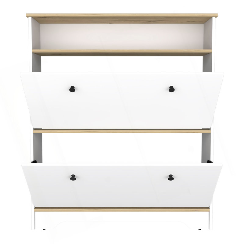 Shoe Rack 46" H, One Open Storage Shelf, Two Internal Storage Drawers, Two Doors, White Duplicate