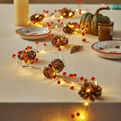 Fall Garland With Lights 10Ft 30Leds Rattan Pumpkin String Lights Battery Operated With Remote Fall String Lights For Home Thanksgiving Harvest Halloween Table And Cabinet Décor