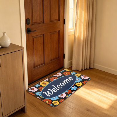 20 x 32 In Rectangle Entrance Door Mat Colorful Floral Pattern Black Base Mat