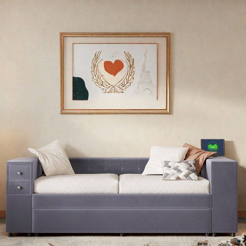 Lit de jour rembourré avec tablettes de rangement, lit gigogne simple, 2 tiroirs et ports USB, Gris