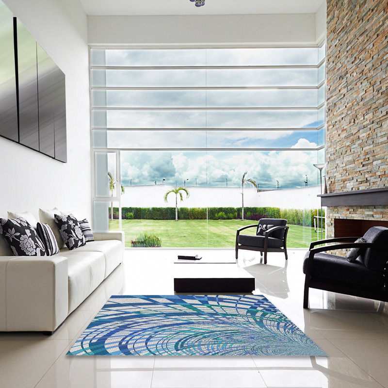 Tapis bleu/blanc tissé à la machine, Carré 5 pi