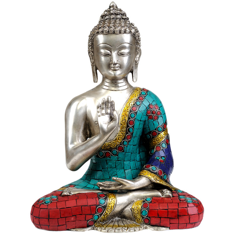 Statue de Bouddha en laiton fabriqué à la main avec incrustation de pierre, figurine Abhaya Mudra de 10 pouces pour un décor spirituel