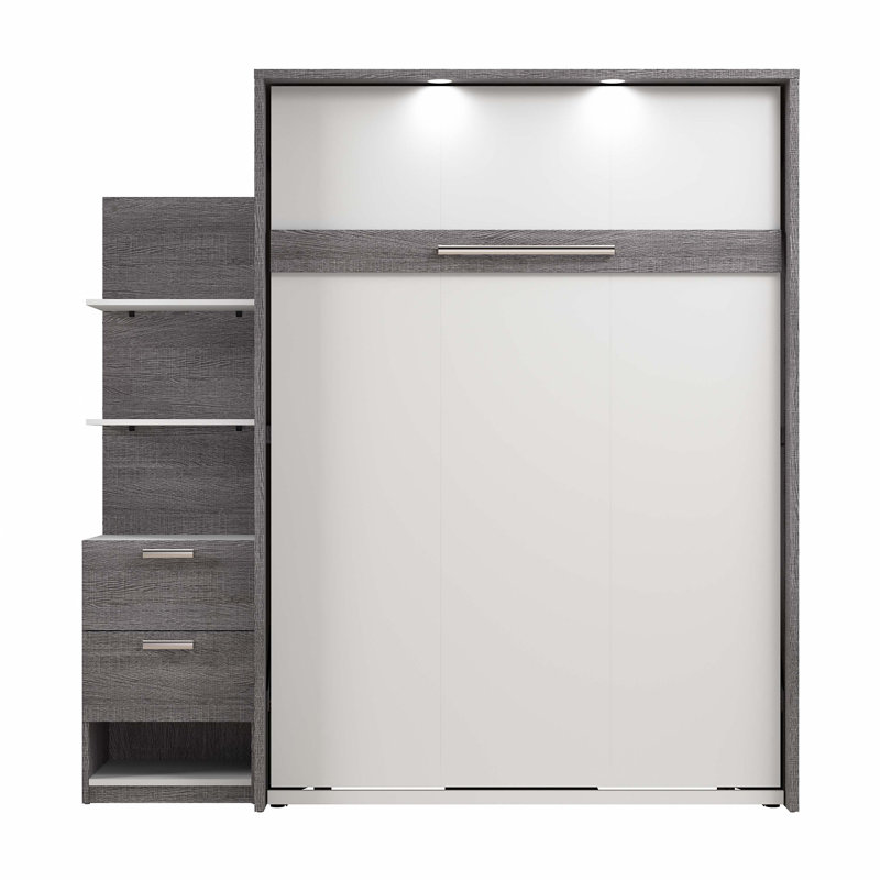 Osterman Storage Murphy Bed with Nightstand and Floating Shelves, Full, Bark Gray