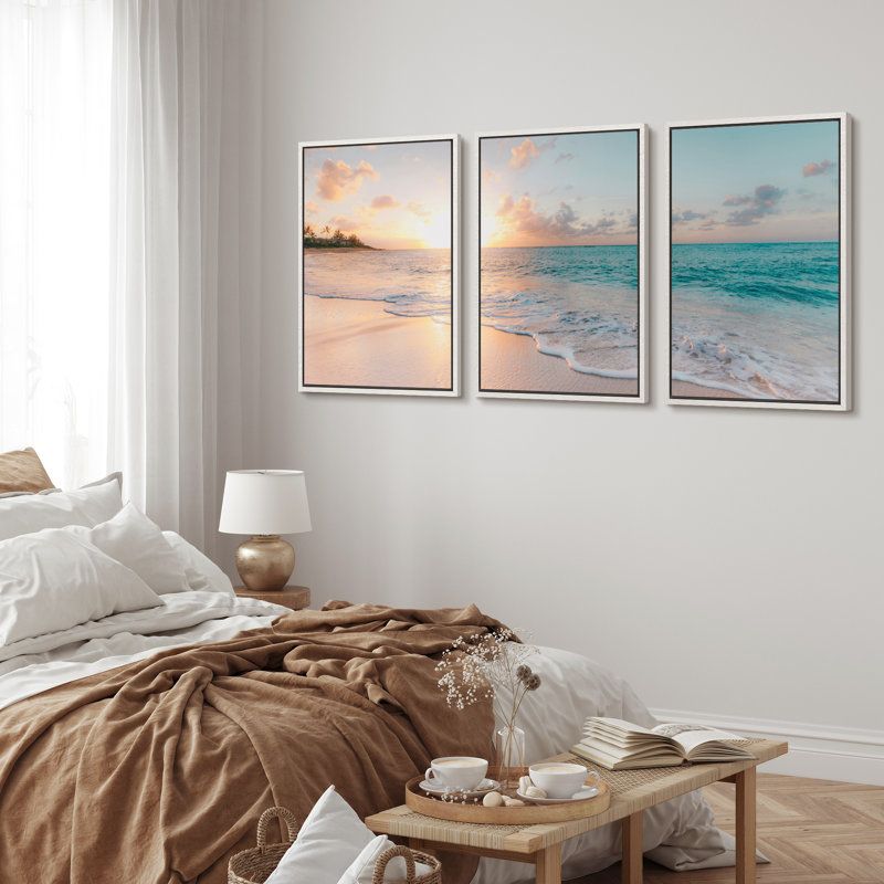'Paradise' - 3 Piece Floter Frame Print Set on Canvas, White Framed, 36" H x 72" W x 1.5" D