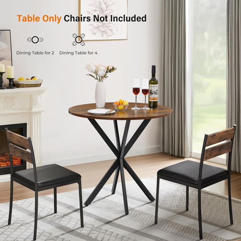 Table de salle à manger ronde 31,5 po pour 2 à 4 personnes, table de cuisine circulaire moderne avec base en X en métal et plateau en bois, conception compacte pour petits espaces, salle à manger, cuisine, brun rustique