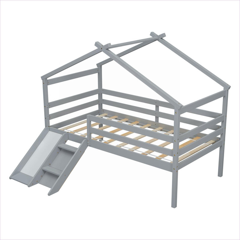 Structure de lit mezzanine basse classique en pin massif gris classique avec échelle coulissante et barrières de sécurité pour chambres d'enfant