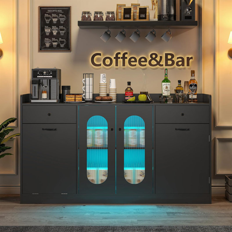54'' Large Kitchen Island With Tilt Out Trash Can Cabinet & Adjustable Shelves, Kitchen Furniture & Led Light & 2 Drawers.