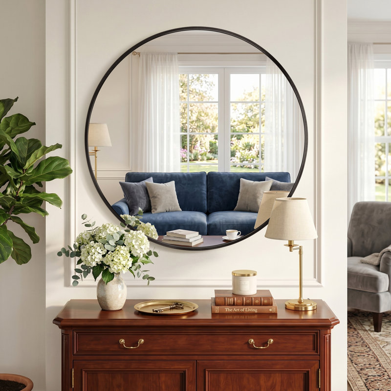 Round Metal Framed Wall Mirror, Black, 35.4" x 35.4"