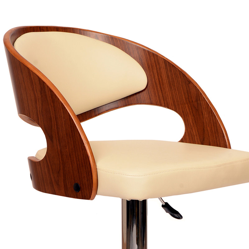 Tabouret de bar pivotant à hauteur réglable Chaffins en similicuir, base chromée, Similicuir crème, Placage noyer