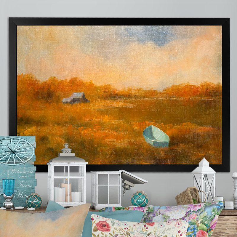 Peinture d'un bateau de pêcheur - reproduction sur toile, H 8 po x l 12 po x P 1 po, Cadre noir