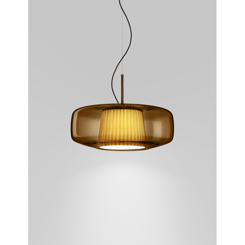 Plisse' Suspension G Smoky Pongee Silk_Plisse' Matt Steel L22cc Ul, Burned Earth Pongee Silk, Matte Bronze, 2700 Kelvins