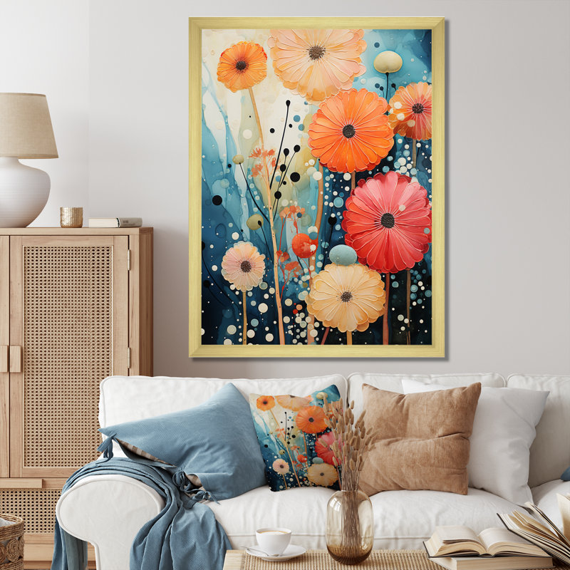 Luvenia corail bleu sarcelle contrastant contrastes II sur toile, H 32 po x l 16 po x P 1 po, Encadrement doré