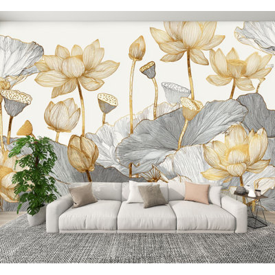 Feuille de papier peint pelez et collez Boho or argenté floral à motif de lignes murales botaniques murales H 100 po x l 144 po amovible en papier PVC adhésif mural pour chambre à coucher salon bureau à domicile