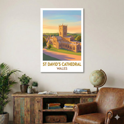 St David's Cathedral, Wales - Sunlit Travel Poster Of Pembrokeshire's Historic Cathedral. Giclee Print On Wrapped Canvas. Wall Art, Home Decor - Religious & Cultural Sites, Wales - Wrapped Canvas Print
