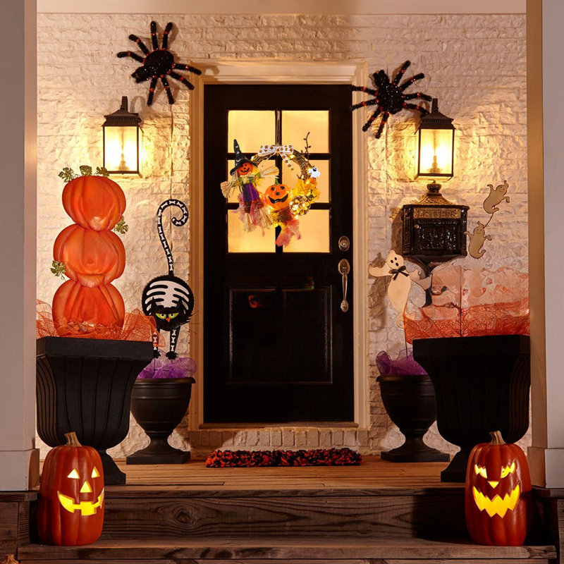 Couronne d'Halloween avec lumières Spooky Pumpkin Ghost, C