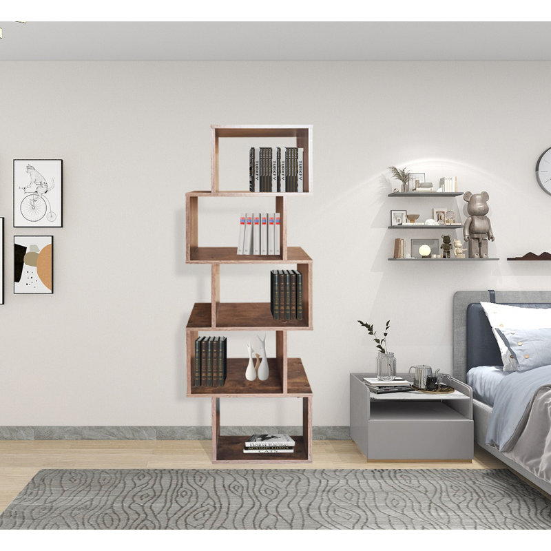 Adrean 151cm H x 49cm W Geometric Bookcase, Brown