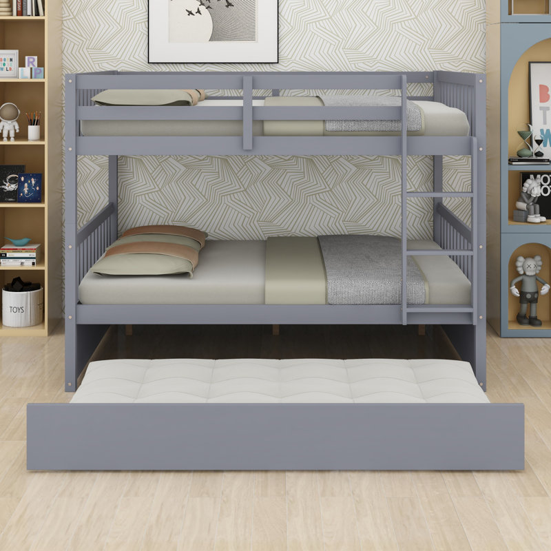Bunk Bed with Trundle, Ladder and Guardrails, Convertible to Two Individual Bed