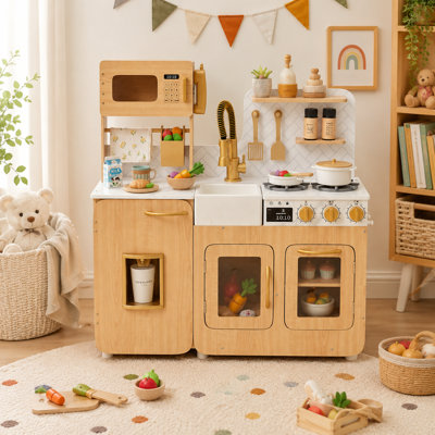 Ensemble de cuisine de jeu Teamson Kids Little Chef Chypre en bois avec 14 accessoires, dosseret en faux marbre et accents dorés