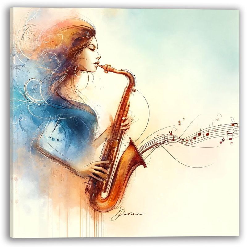 Jazz Harmony Saxophonist, aquarelle sur toile tendue, H 12 po x l 12 po x P 1 po