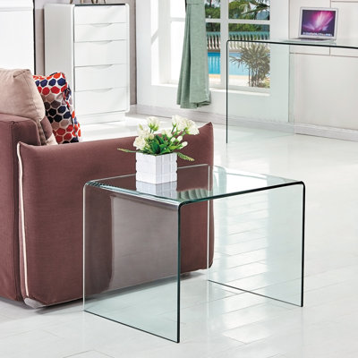 Transparent End Table,Tempered Clear Bent Glass Sidetable
