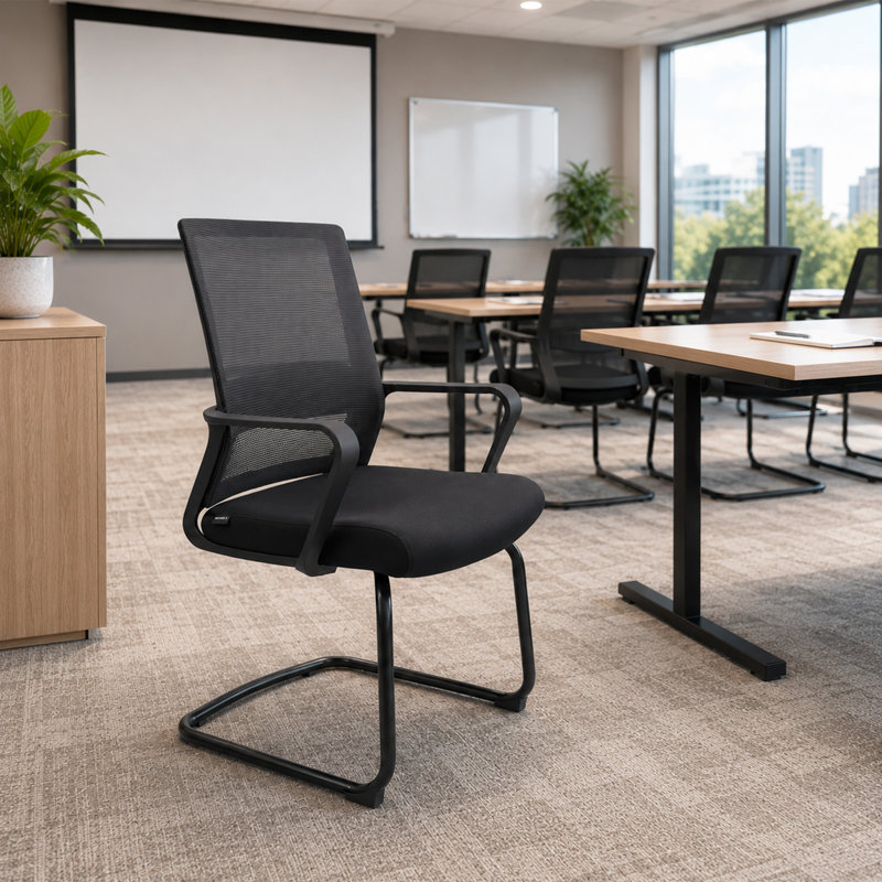 Ensemble de 2 chaises de conférence en filet avec accoudoirs et base en métal, Noir