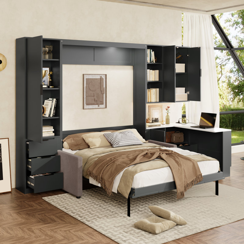 Grand lit escamotable avec canapé intégré, bureau en L et rangement, Gris