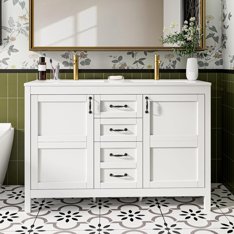 48" Farmhouse Double Sink Bathroom Vanity With 3 Drawers & Doors, White