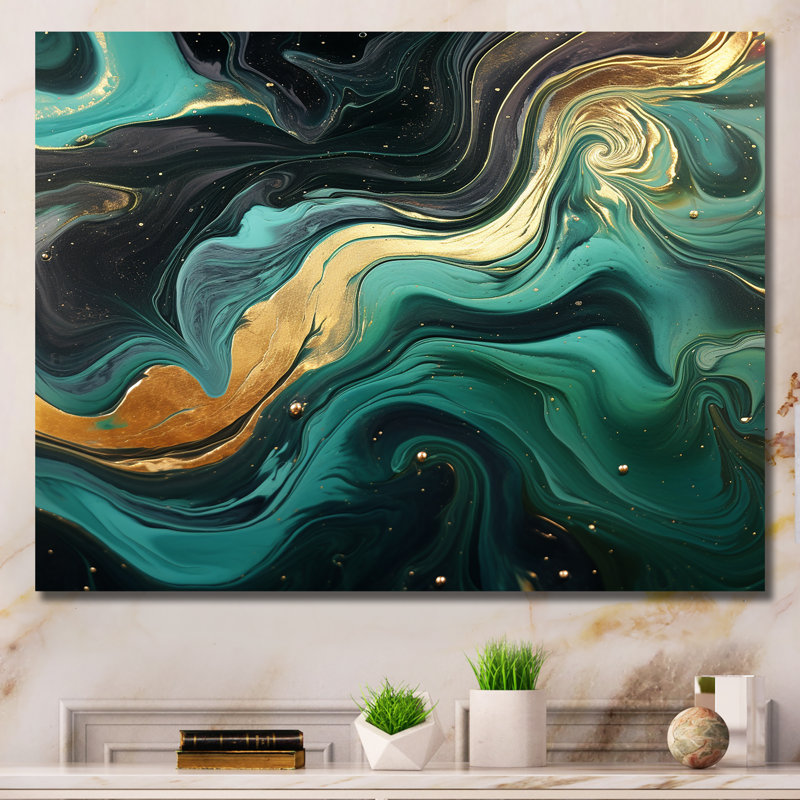 Abstrait vert et or, rivière Marble III - art abstrait sur toile marbrée, Toile tendue, H 24 po x l 32 po x P 1 po