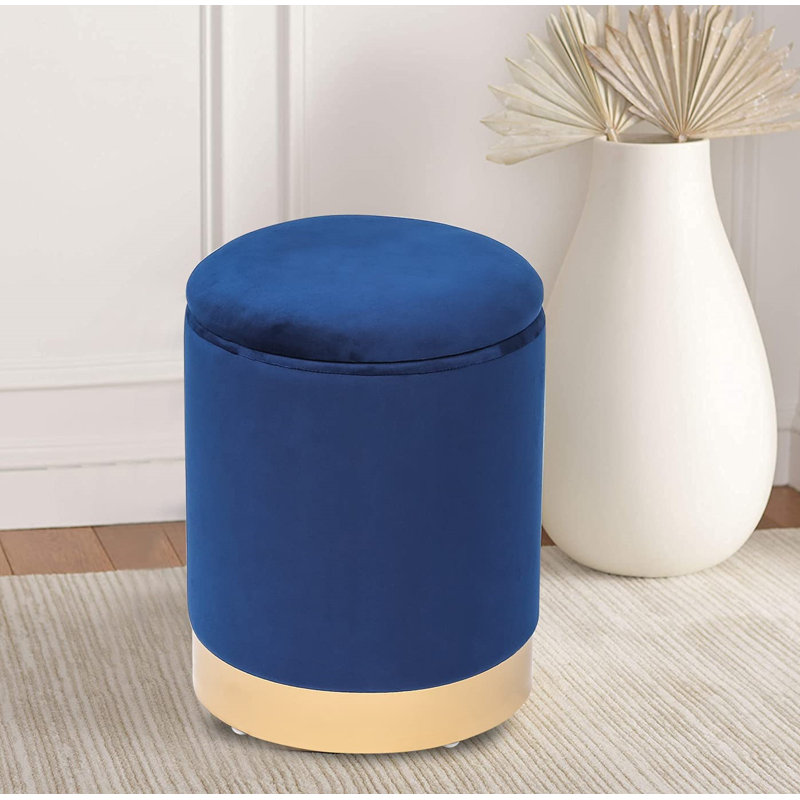 Tabouret de rangement rond, Velours bleu, Or