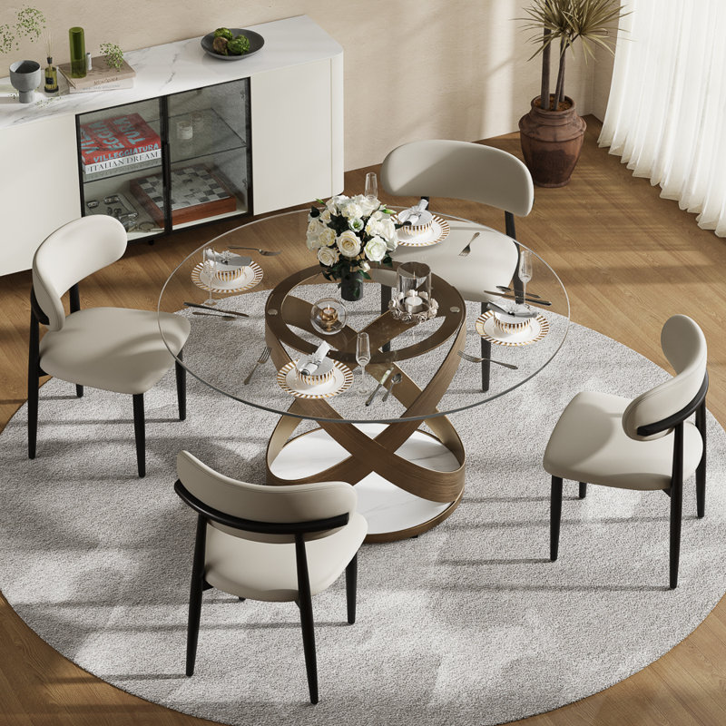  Table de salle à manger moderne pour 4-6 personnes avec plateau en verre trempé, base en acier au carbone pré-assemblée
