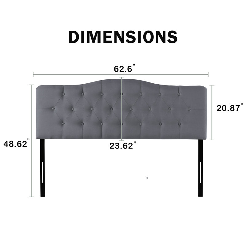 Arched Button Tufted Adjustable Upholstered Queen Headboard in Linen Fabric, Metal Legs, Light Gray