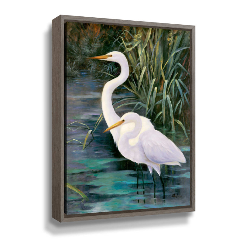 «Snowy Egrets II», photographie sur toile, H 24 po x l 18 po x P 2 po, Cadre flottant gris