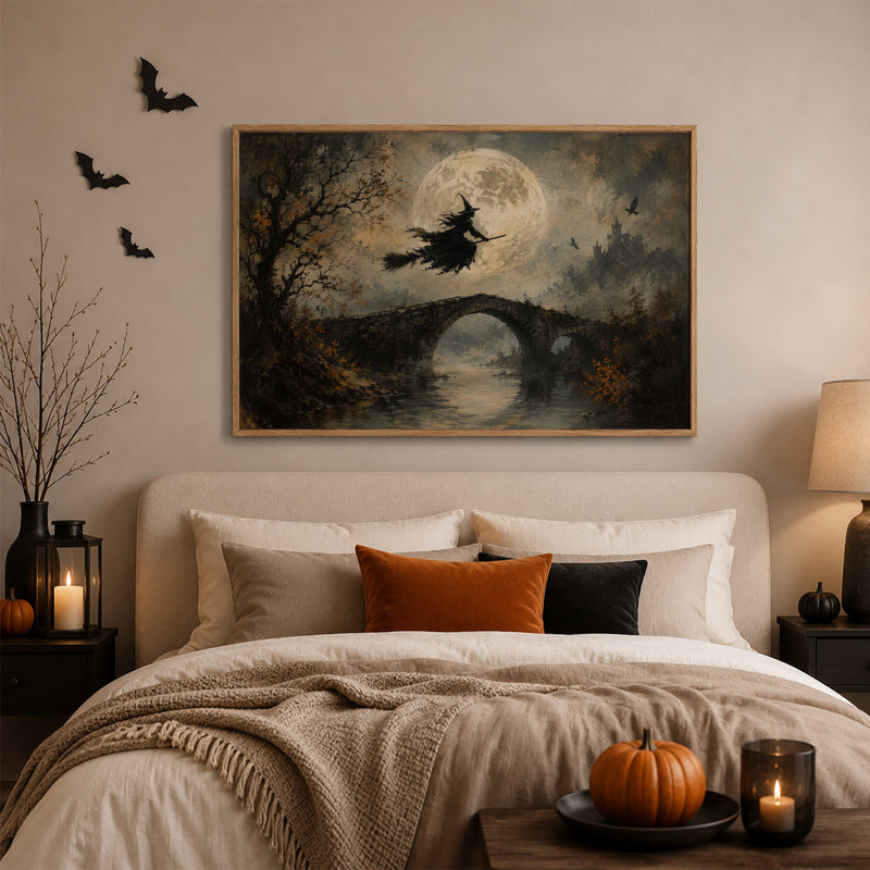 Art mural sur toile, "Sombre sorcière volant sur un pont de pierre", H 36 po x l 48 po