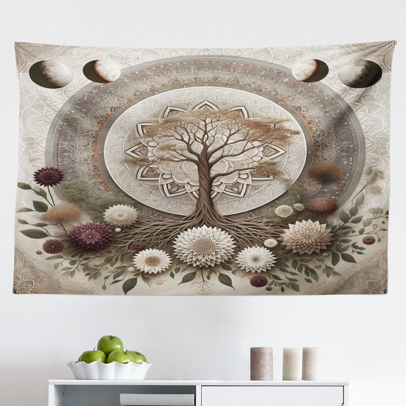 Highland Dunes Moon Wall Hanging Tapestry Ethno Mandal Gentle Life Tree Pale Mustard Eggplant, H 30 po x l 45 po