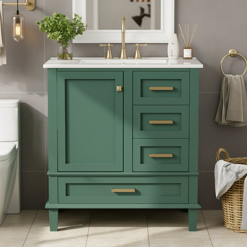 Meuble-lavabo moderne vert 30 po Elowynth, plateau en céramique, structure en bois massif