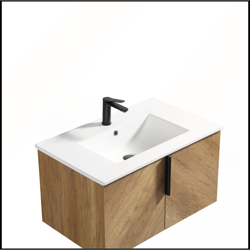 Meuble-lavabo mural de 30 pouces avec panneau cannelé 3D, lavabo intégré en céramique et tiroirs à fermeture en douceur pour une élégance moderne