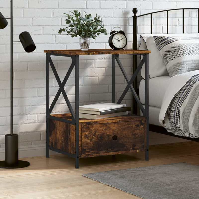 Ardi 50cm W Iron Bedside Table, Smoked Oak