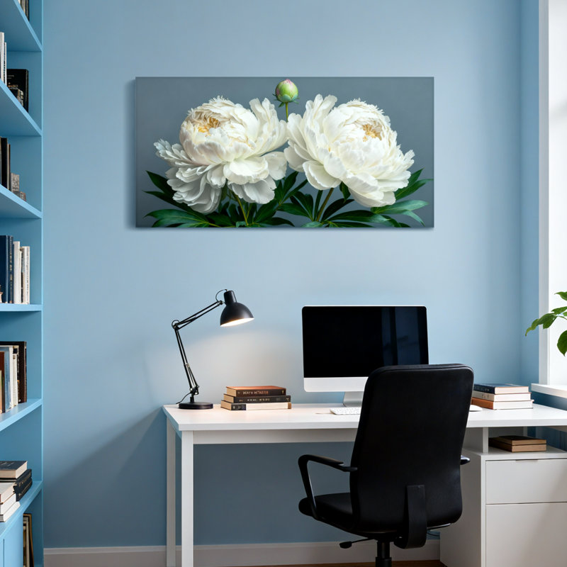 Plantes et fleurs pivoines blanches avec feuilles et bourgeons verts, H 16 po x l 32 po
