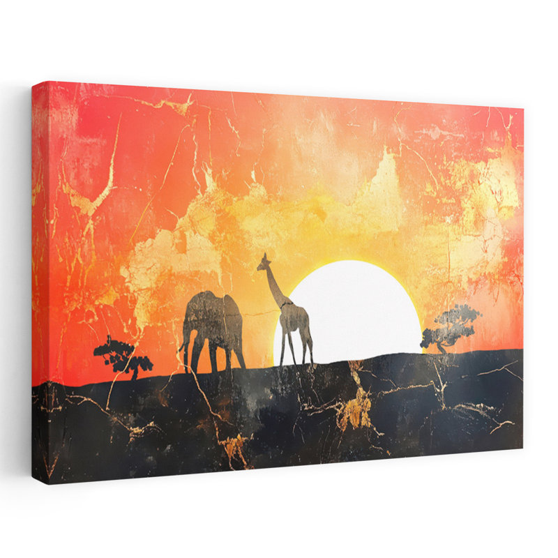Savane, coucher de soleil, silhouettes, paysage contemporain contemporain, art mural, 40" H x 60" W