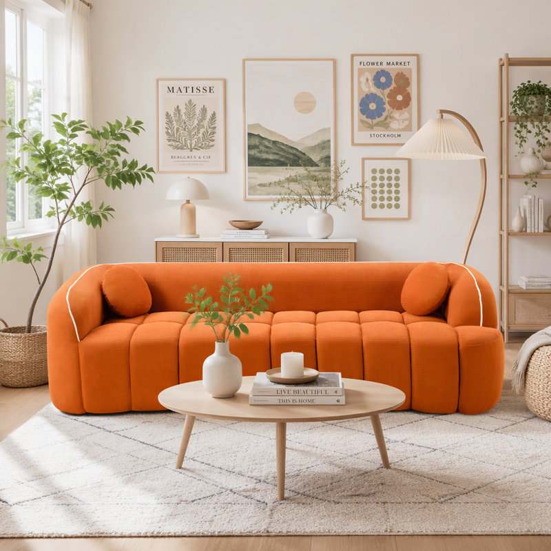 98.4 " Corduroy Sofa, Orange Corduroy, Orange
