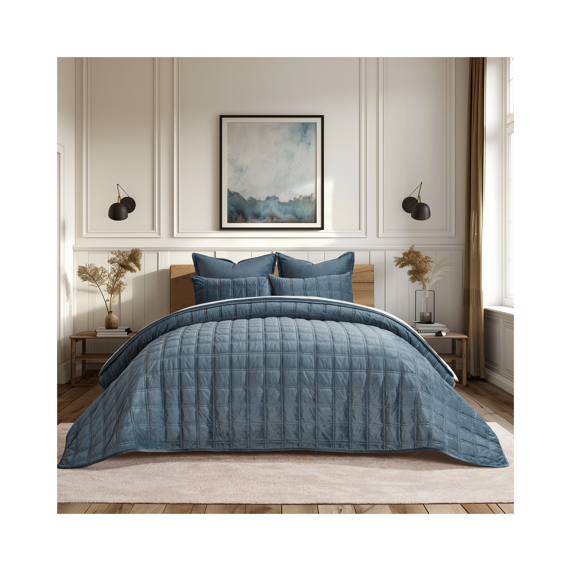Double Box Stitch Velvet Quilt set, Stormy Blue, King Quilt + 2 King Shams