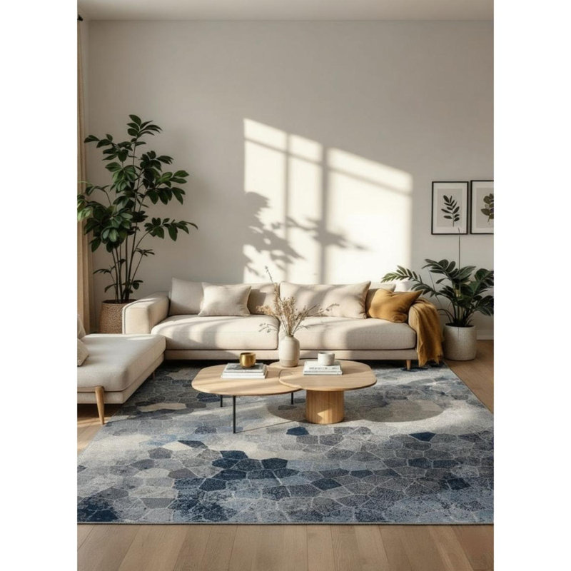 Rug Branch Joni 8' x 11' (7'9" x 10'8") Blue/Beige Stone Mosaic Indoor Area Rug, Contemporary, Low Pile, Stain-Resistant Carpet - Living Room, Bedroom, Dining Room, and Kitchen