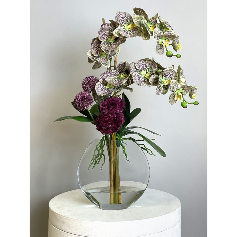 Orchid And Sedum Arrangement In Glass Vase
