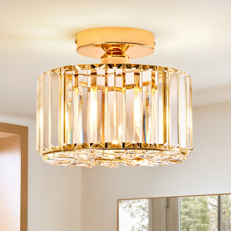 Plafonnier semi-encastré cylindrique en cristal à 1 lumière à intensité variable, Doré, Une lumière