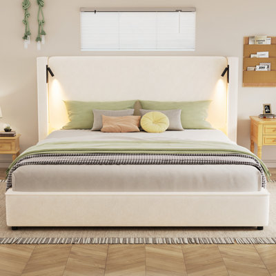 Upholstered Bed Frame With High Wingback Headboard,Reading Lamp And USB Port