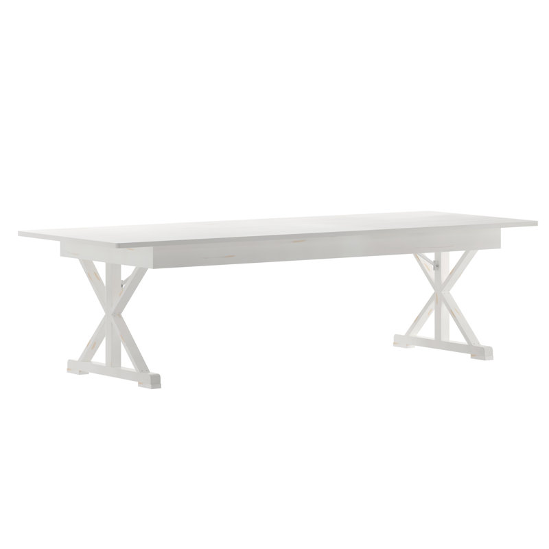 Eternity Rectangular Solid Pine Farm Dining Table with Folding X-Style Legs, Antique White, 40.25" L x 108" W
